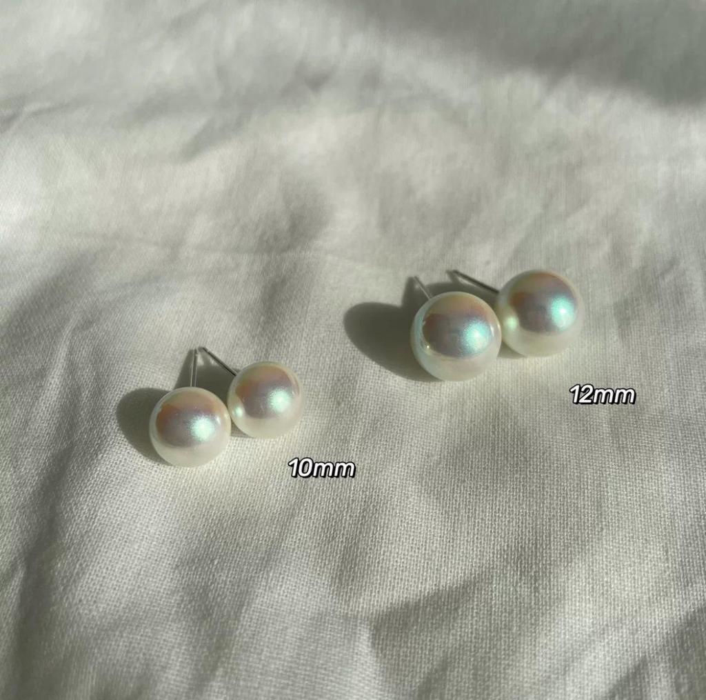 Perfectly Round Pearl Sterling Silver Stud Earrings with Colorful Retro Hong Kong Style and Big Light Bulb Design