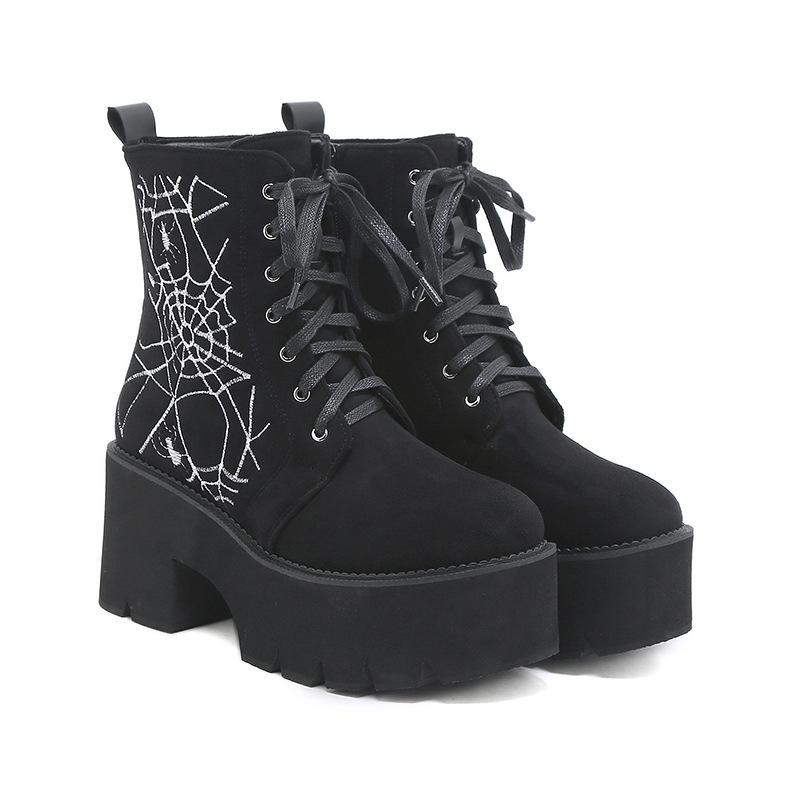Autumn and Winter Retro Women's Short Boots Martin Boots Thick Heel Large Size Spider Embroidered Women's Shoes