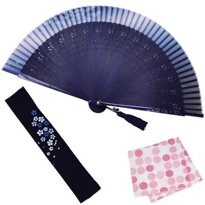 Stylish Business Fan Set with Fan Case and Handkerchief Sakura Mai [Osaka Choseido] Women's - (Navy)