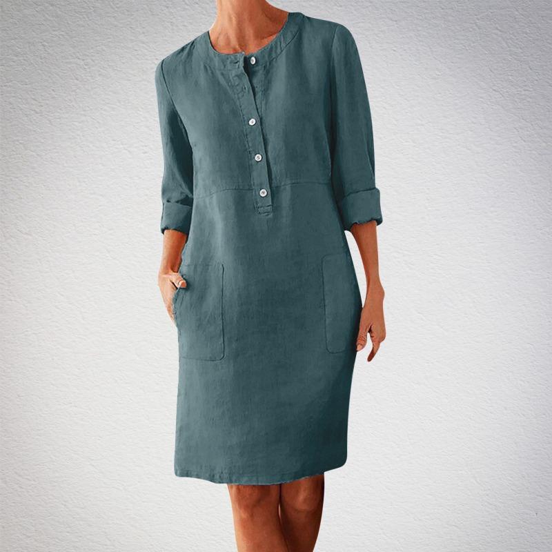 Large Size Women's Cotton and Linen Round Neck Long Sleeved Dress