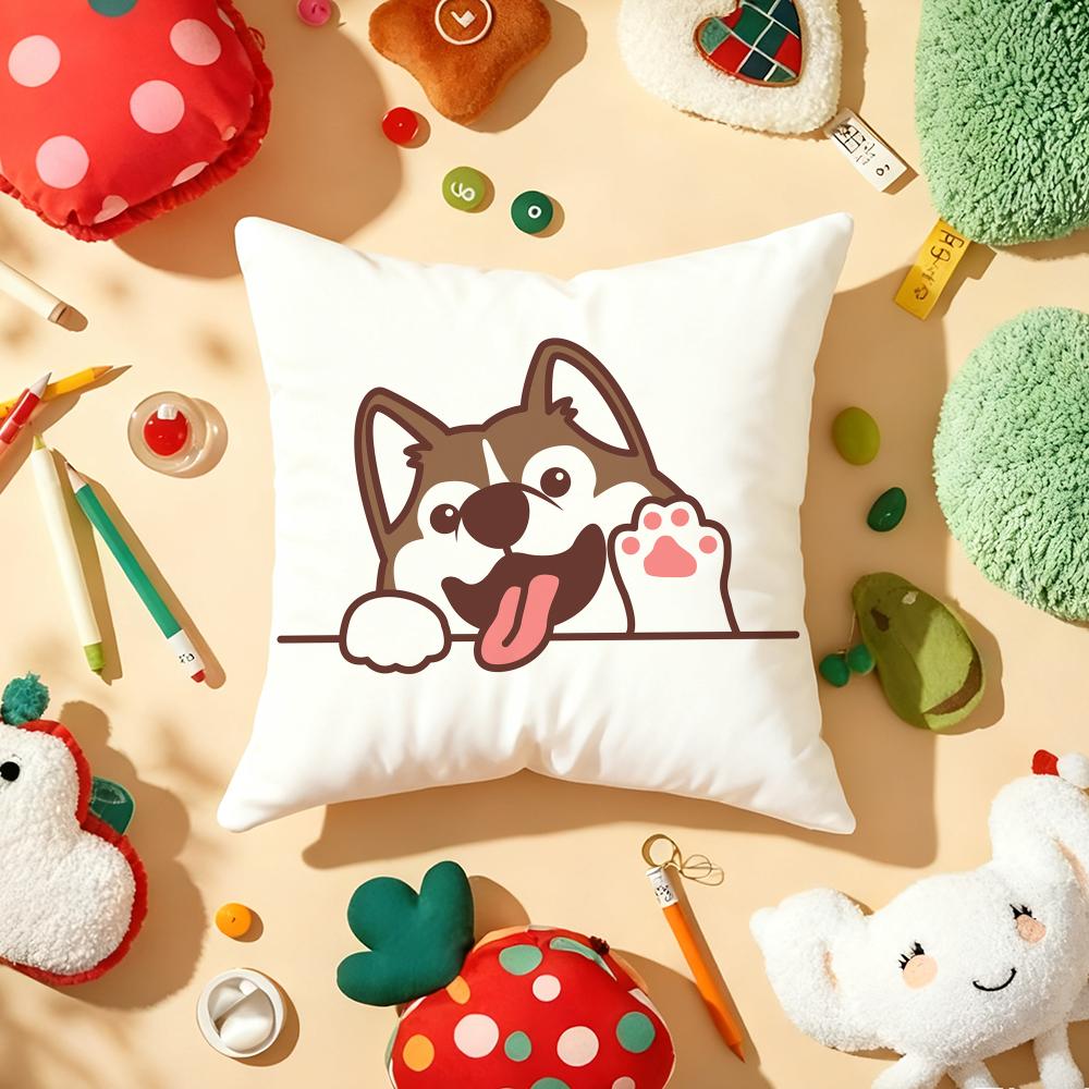 Cute Dog Waving Paw Cushion Cover Plush Fabric Soft Double-Sided Printed Sofa Warm Winter Home Child Gift Pillow Case