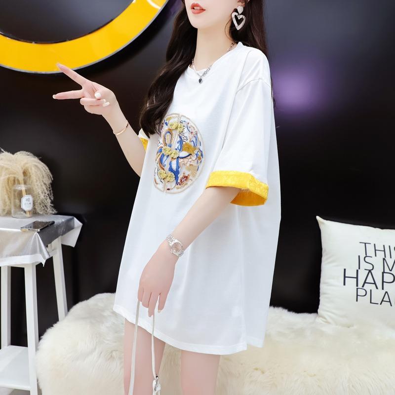 Women's Loose Large Size Slimming Medium Long Short Sleeve T-shirt Jacquard Summer Embroidery Top