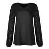 Damska luźna, koronkowa, patchworkowa, z długim rękawem i dekoltem w serek, casualowa koszulka