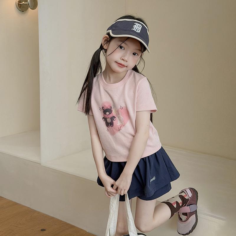 Girls Comfortable High Elastic Breathable Cartoon Printed Short Sleeve T Shirt 100cm розовый