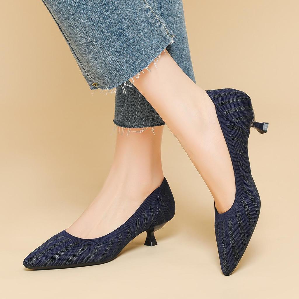 Pointed Toe Shallow Mouth Fabric Flat Bottom Women's Solid Knitted Soft Bottom Large Shoes Size 34-43