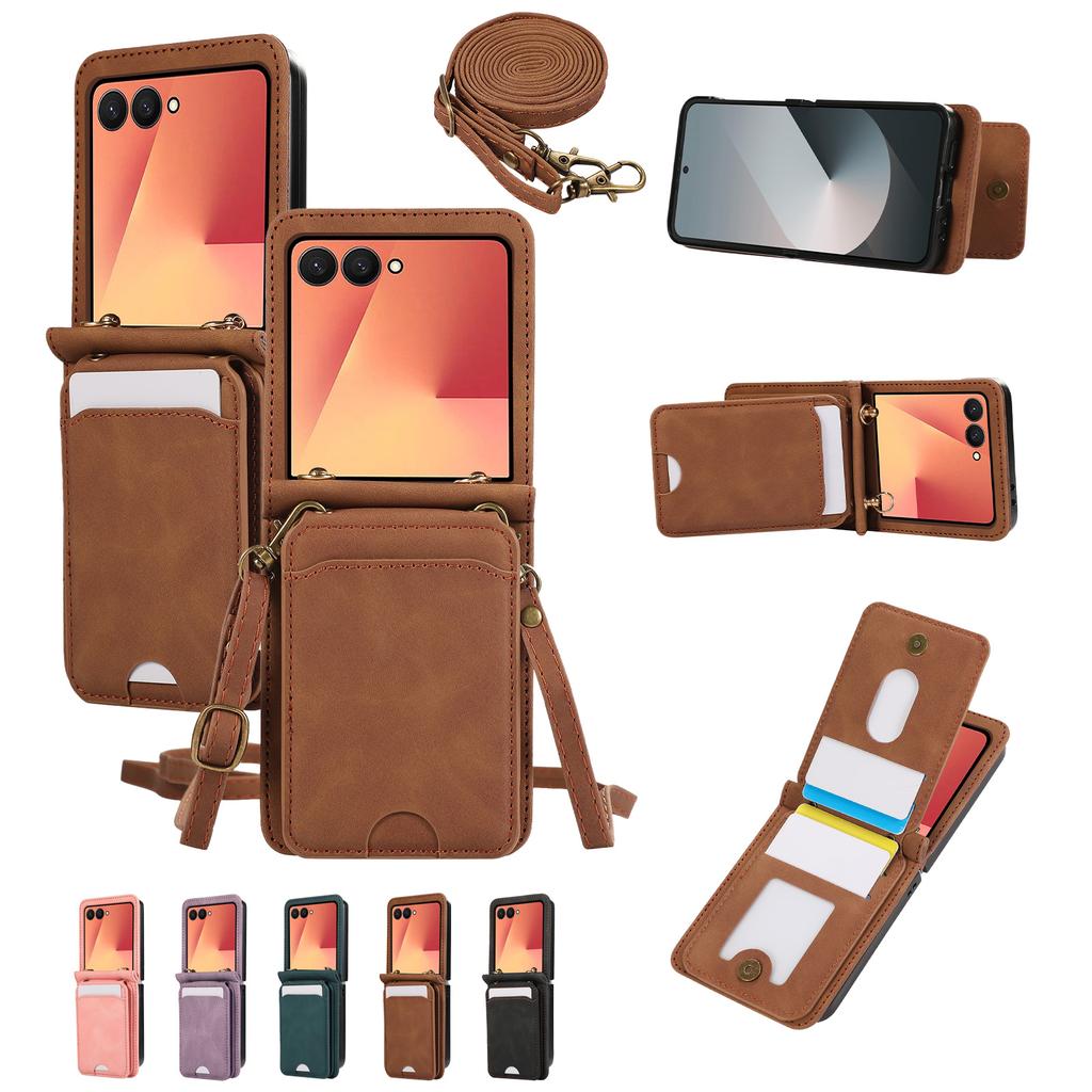 Leather Wallet Card Holder Case for Samsung Galaxy Z Flip 7 FE 6 5 4 3 ZFlip Flip6 Flip5 Flip4 Flip3 Crossbody Lanyard Bag Cover
