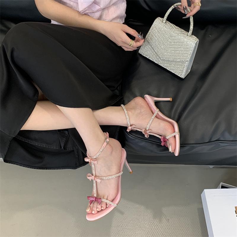 Sandals Rhinestone Bow Fairy Style Ankle StrapRoman High Heels Summer Outdoor Wear Pink