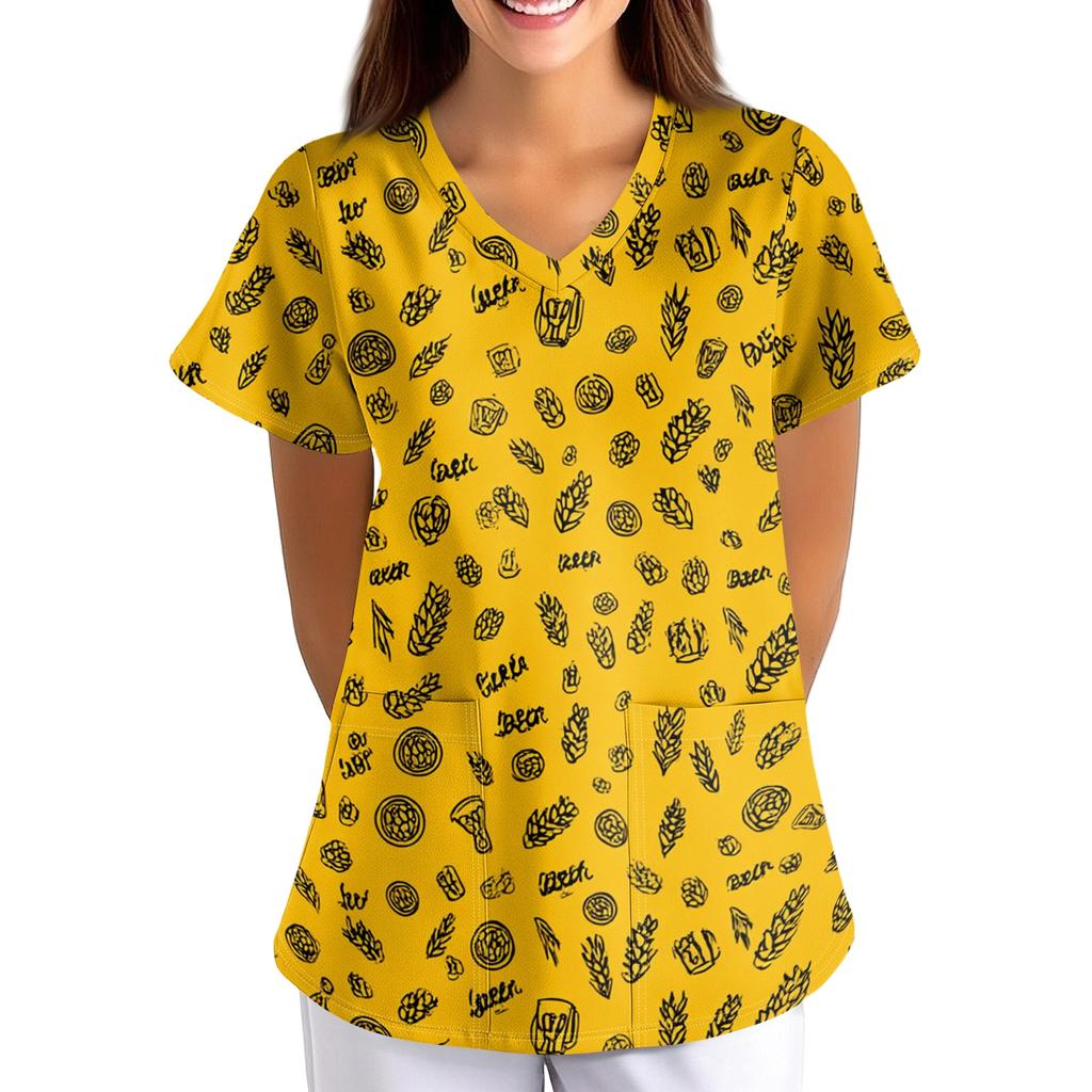 Women's Oktoberfest Print V-Neck Short Sleeve Scrub Top with Pockets, Loose Fit