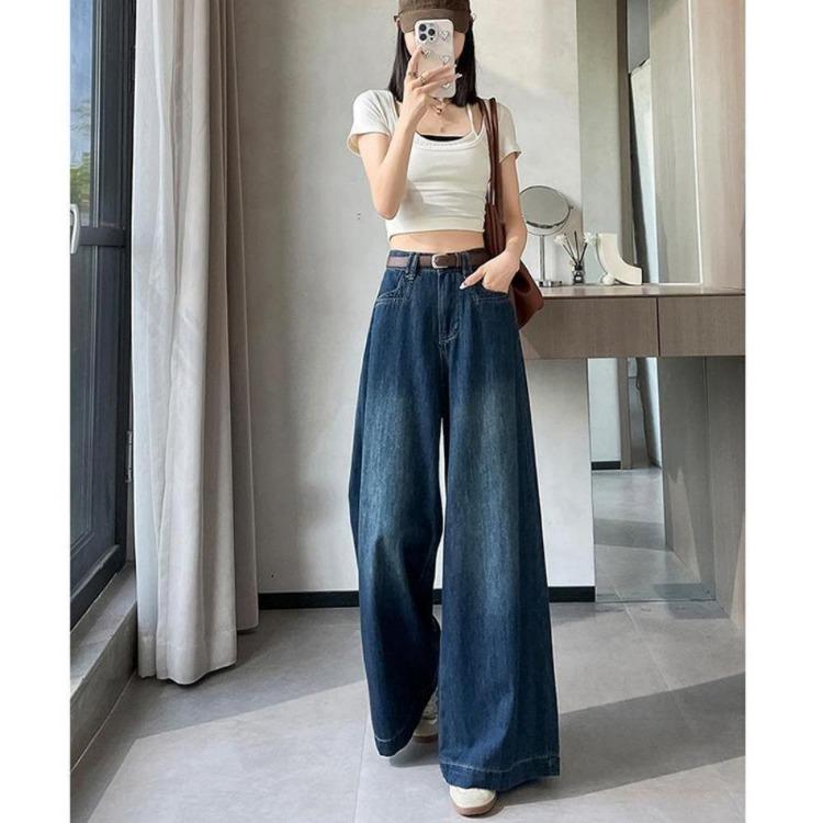 Trend Street Women Wide Leg Jeans High Waisted Loose Spring Autumn Floor Length Thin Trousers New Versatile Fashion Tide