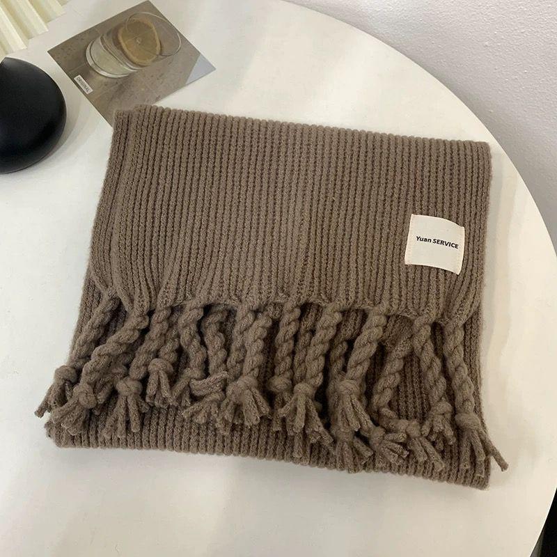 Student Solid Color Fringed Scarf Autumn Winter Warm Knitted Neck Warmer Couple Wool Thickened Neck Wrap