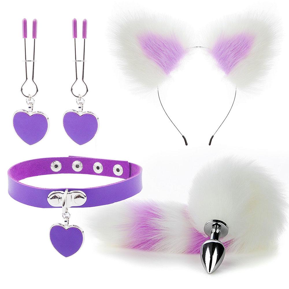 Anal Sex Toys Fox Tail Butt Plug Sexy Plush Cat Ear Headband With Bells Necklace Set Massage Sex Toys For Women Couples Cosplay