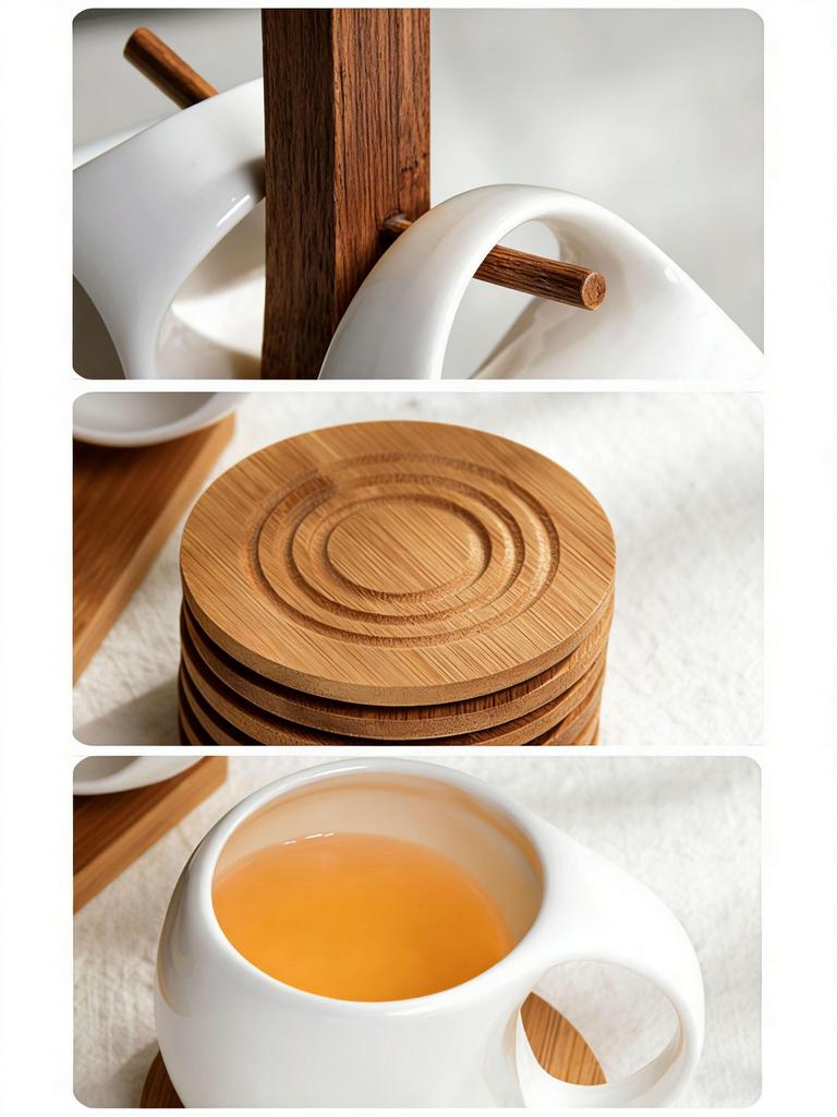 Nordic Style Ceramic Coffee Mug Set with Natural Bamboo Tree Cup Holder and Non-slip Coasters Stylish Kitchen Organizer for Tea and Coffee Home Decor