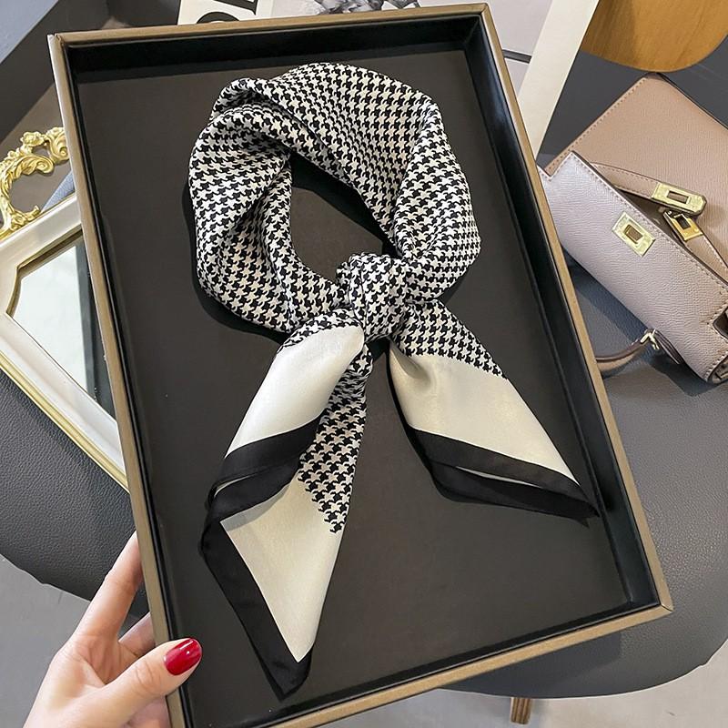 100% Pure Silk Square Scarf Women Black White Camellia Print 68x68cm Lightweight Elegant Wrap Office Casual Wear