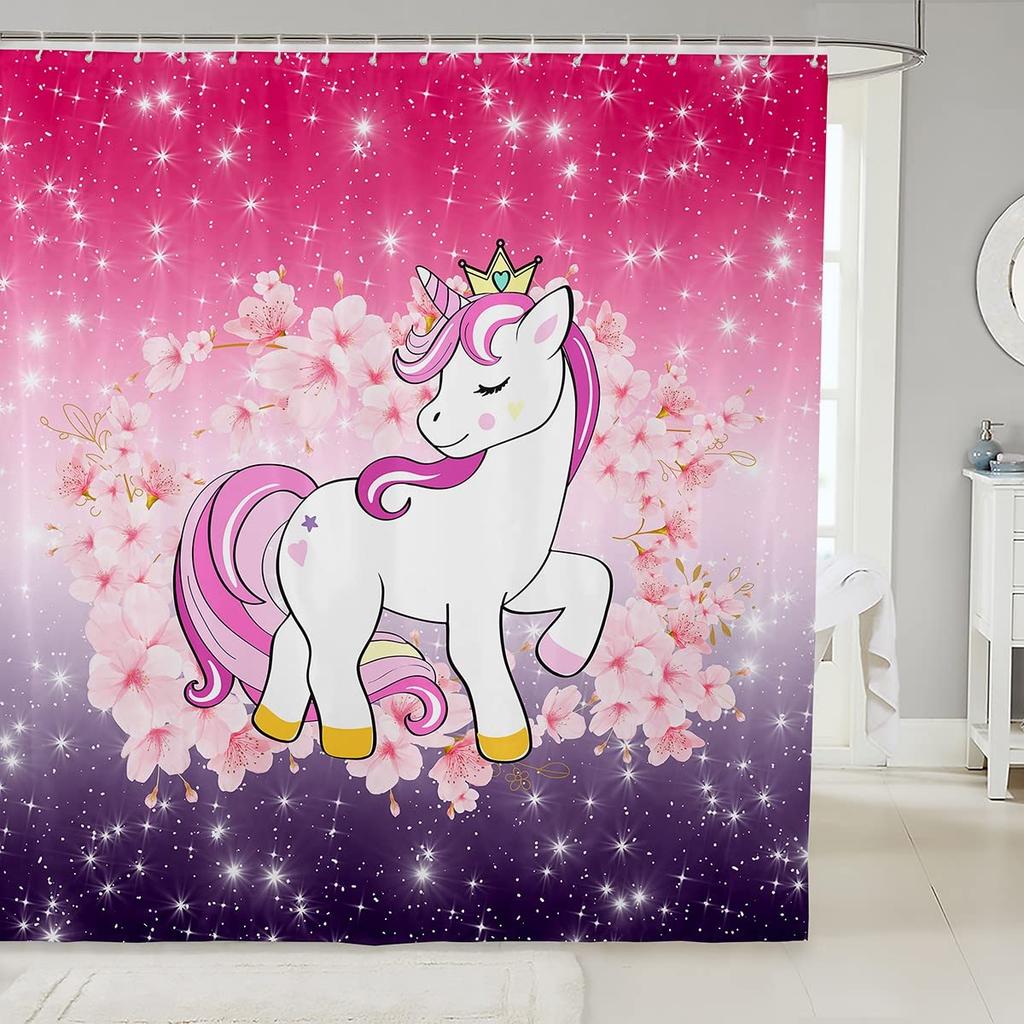 Gradient Purple Shower Curtain, Rainbow Unicorn Bath  Glitter Stars, Waterproof Curtains, Dreaming Cartoon Bathroom Deco