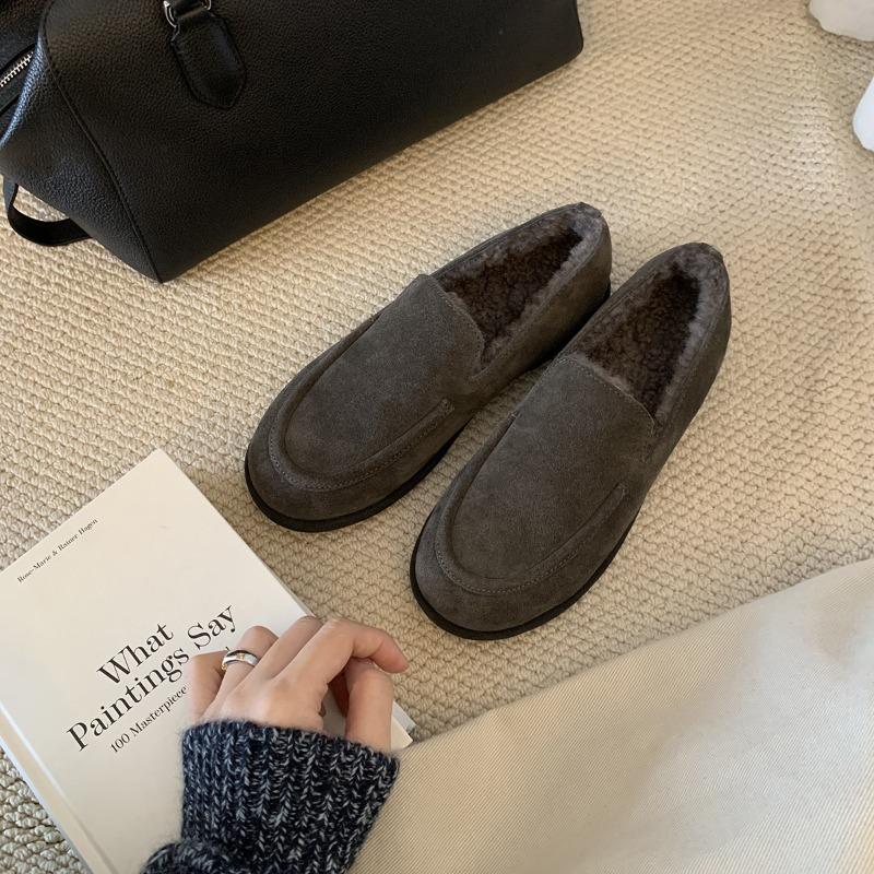 

Версия из коровьей кожи~ Натуральная кожа ретро мягкие восковые женские осенне-зимние новые туфли-бини на плюшевой подкладке с круглым носком на одной педали 40