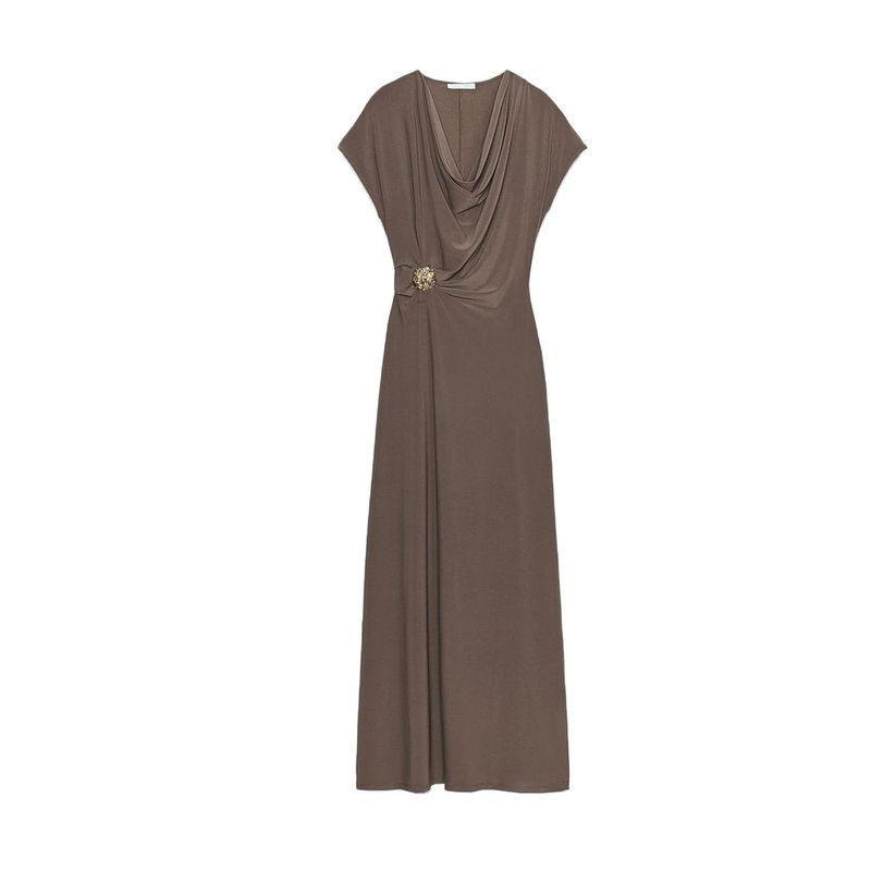 Autumn New Women's Clothing Draped Neckline Short Sleeve Silm Accessories Ruched Decoration Long Dress 1165461