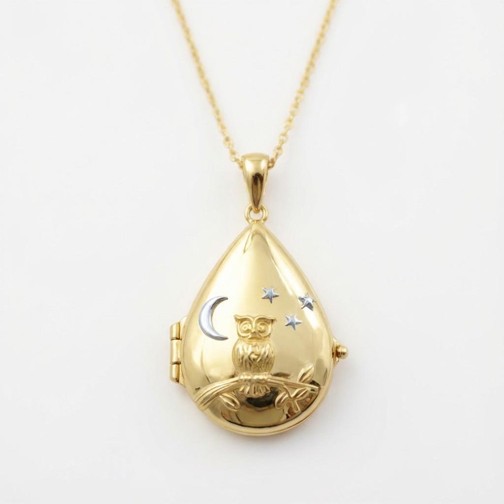 

Water Drop Opening And Closing Necklace Three-Dimensional Moon Star Owl Pendant Photo Box Two-Color Necklace