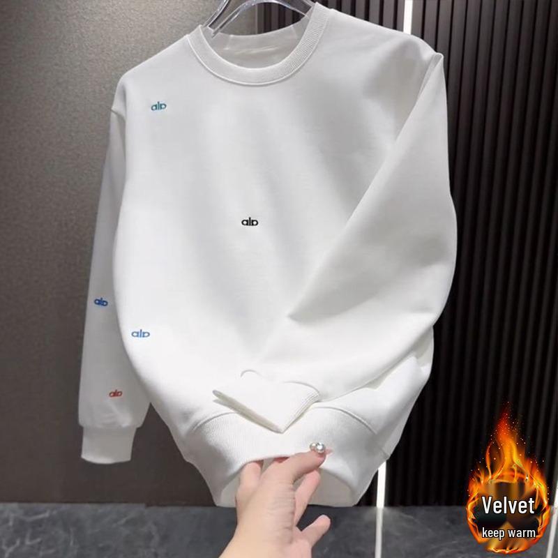 Men s Fleece-Lined Hoodie: Trendy 2025 Embroidered Slim Fit Heavyweight Long Sleeve Round Neck Top 3XL
