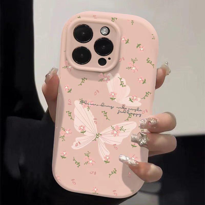 The Pink Flower Butterfly Is Suitable for Apple 15pro, Cartoon 16promax Phone Case 14plus Creative 13 Matte 12/11