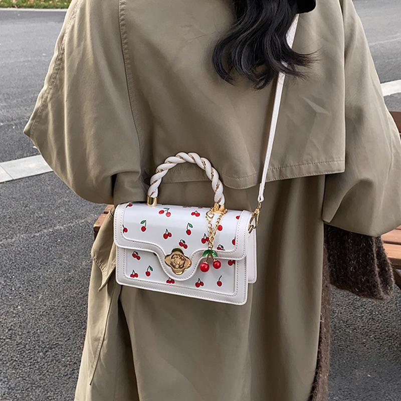 Women Cherry Square Bag PU Leather Sweet Cherry Crossbody Bag Adjustable Strap Sling Ladies Outdoor Small Handbags