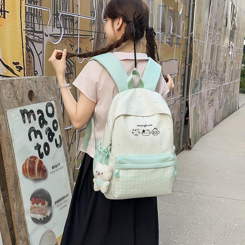 Schoolbag Japanese Cartoon Cat Embroidered Backpack Multi-color Plaid Splicing Student Schoolbag with Pendant Large Capacity Campus Backpack