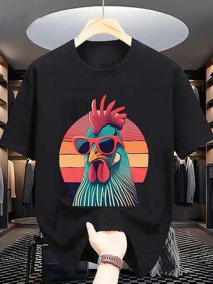 Unisex Cotton Tee Cool Rooster Sunglasses Retro Sunset Graphic Print Loose Breathable Summer Crew Neck Casual Street T Shirt Unisex