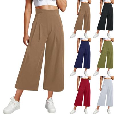 Wide Leg Pants For Women High Waised Straight Leg Loose Fit Casual Cropped Pants Solid Color Elastic Waist Comfy Trousers