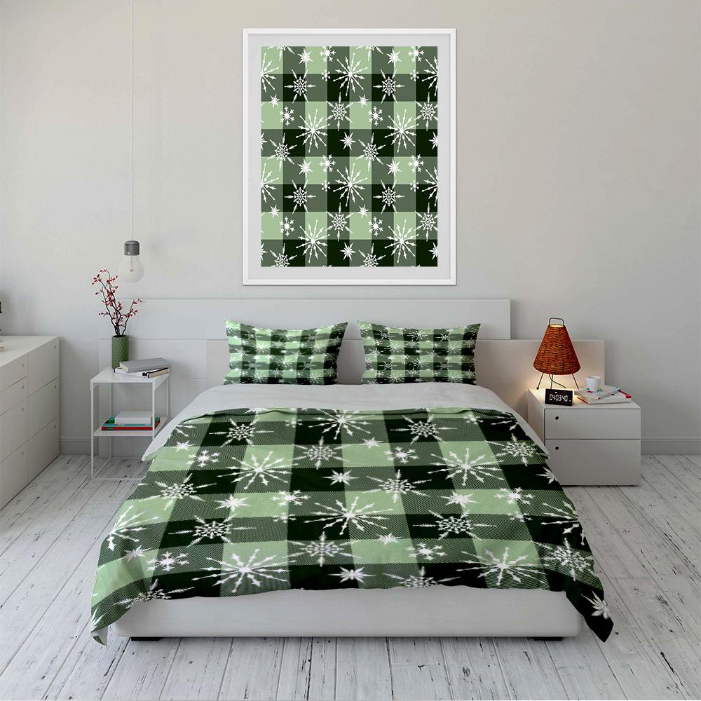 Green Plaid Snowflake Pattern Bedding Set Bedding set (1 duvet cover, 2 pillowcases, duvet not included)
