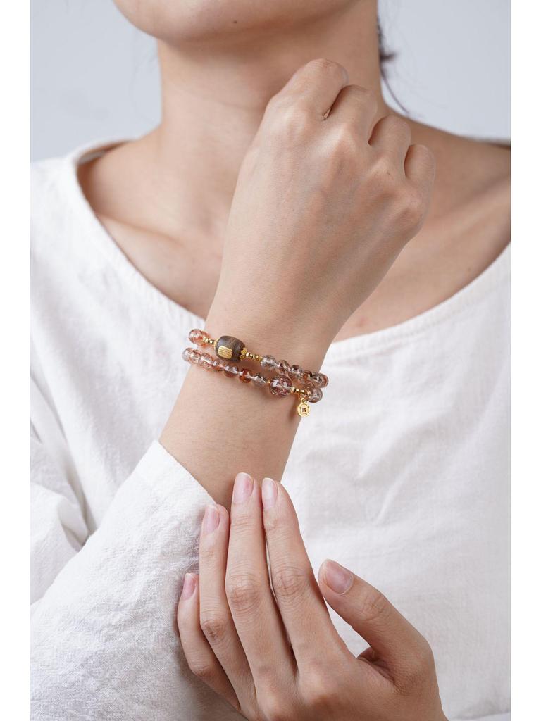 Women's Black Gold Super Seven Crystal Sandalwood Bracelet with Pixiu Charm, Red Rutilated Quartz; Stackable for Wealth & Good Luck.