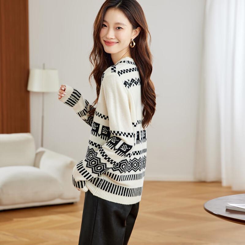 Srcr Women's Thick 100% Wool Retro Jacquard Knit Sweater