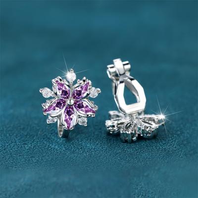 Luxury Female Small Purple Zircon Stone Clip Earrings Charm Silver Color Wedding Jewelry For Women