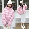 Women Hooded Quilted Puffer Jacket Solid Color Loose Fit Short Winter Coat