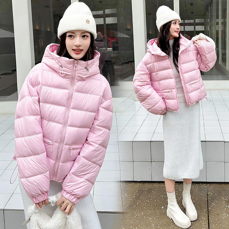 Women Hooded Quilted Puffer Jacket Solid Color Loose Fit Short Winter Coat