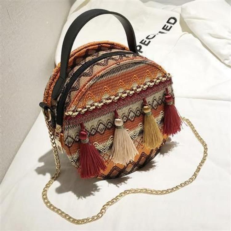 Torba na ramię w stylu etnicznym Damska Retro Ręcznie robiona pleciona torba Pasek na łańcuszku Torba na ramię Frędzle Mała okrągła torba