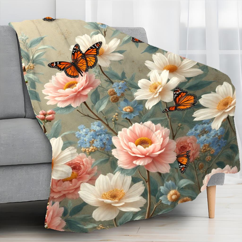 Floral Butterfly Blanket Vintage Peony And Daisy With Monarch Butterflies Soft Fleece Throw Cozy Home Decor Gift For Women