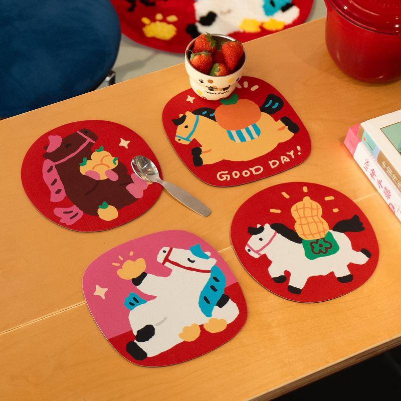 Diatomaceous Earth Coasters, Year Of The Horse Cartoon Coasters, Chinese New Year Table Teacup Heat Insulation Mats 4pcs