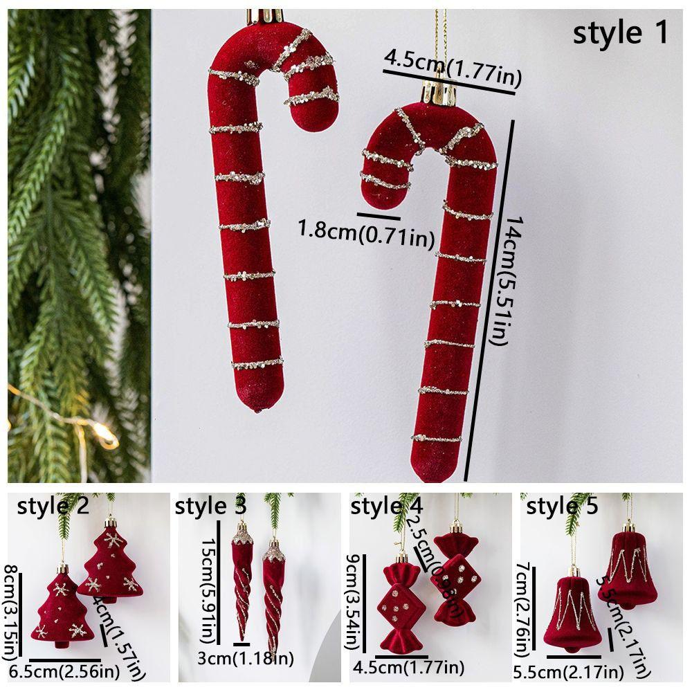 2pcs Flocked Christmas Tree Pendants Red Candy Cane Pendants  Party Decor