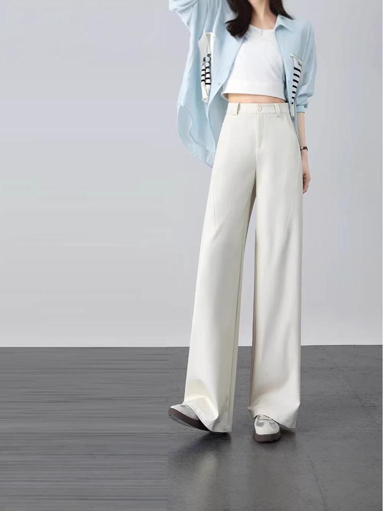Women's High-Waisted Khaki Wide-Leg Suit Pants for Spring/Summer 2026 - Straight, Thin, and Draped