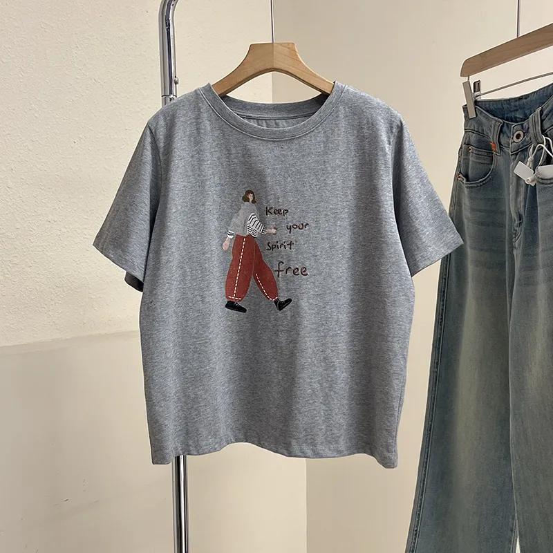 Women's Summer Casual Oversized T-Shirt with Cartoon Figure Print and Slogan Design