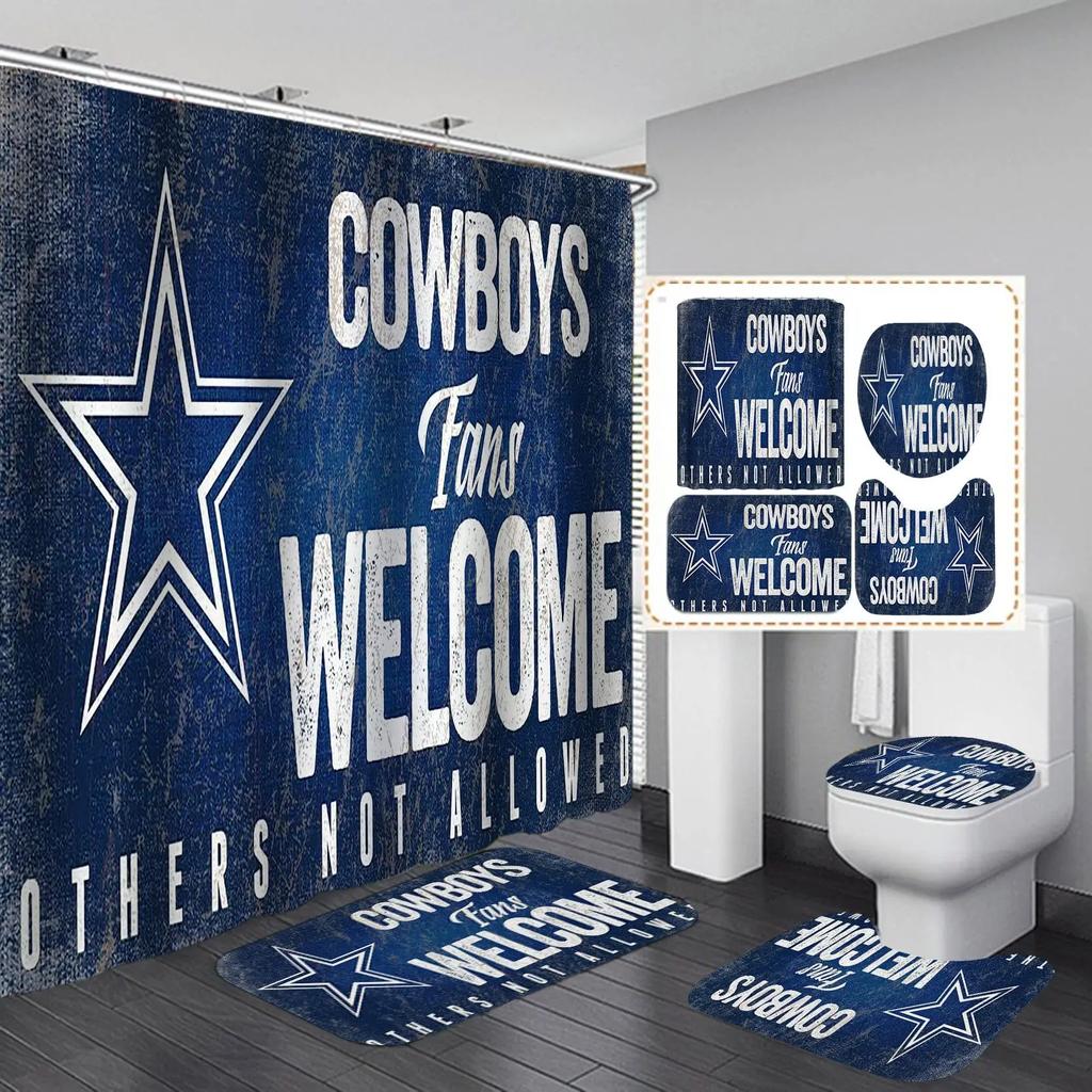 White Navy Blue American Football Shower Curtain Set,Modern Texas Star Rugby Athlete Helmet Sports Bathroom Set Non-Slip Mat Rug