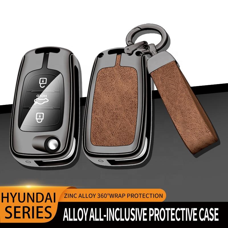 Fully Covered Flip Key Folding Key Cover case Metal Leather Car Remote Key Fob Cover Bag with Car Key Chain for Hyundai Kia