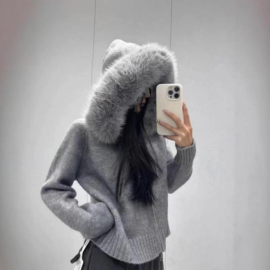 Autumn/Winter Hooded Knitted Cardigan with Faux Fox Fur Collar for Women