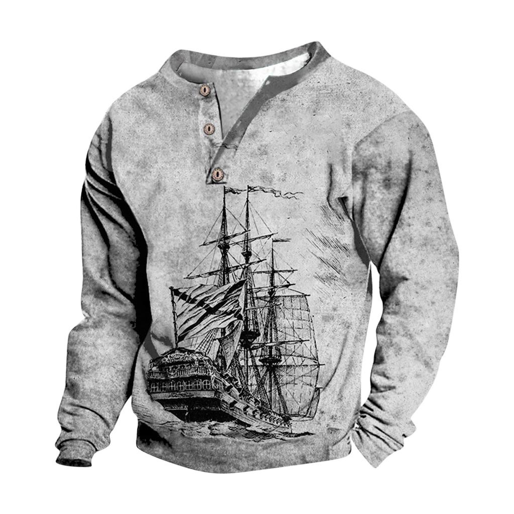 Pullover mit V-Ausschnitt für Herren, 3D-Digitaldruck, Stehkragen, 3 Knöpfe, Vintage-Kragen