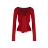 Women's Red Lace-up Bow Long-sleeve Square Neck Slim-fit Top for Autumn/Winter