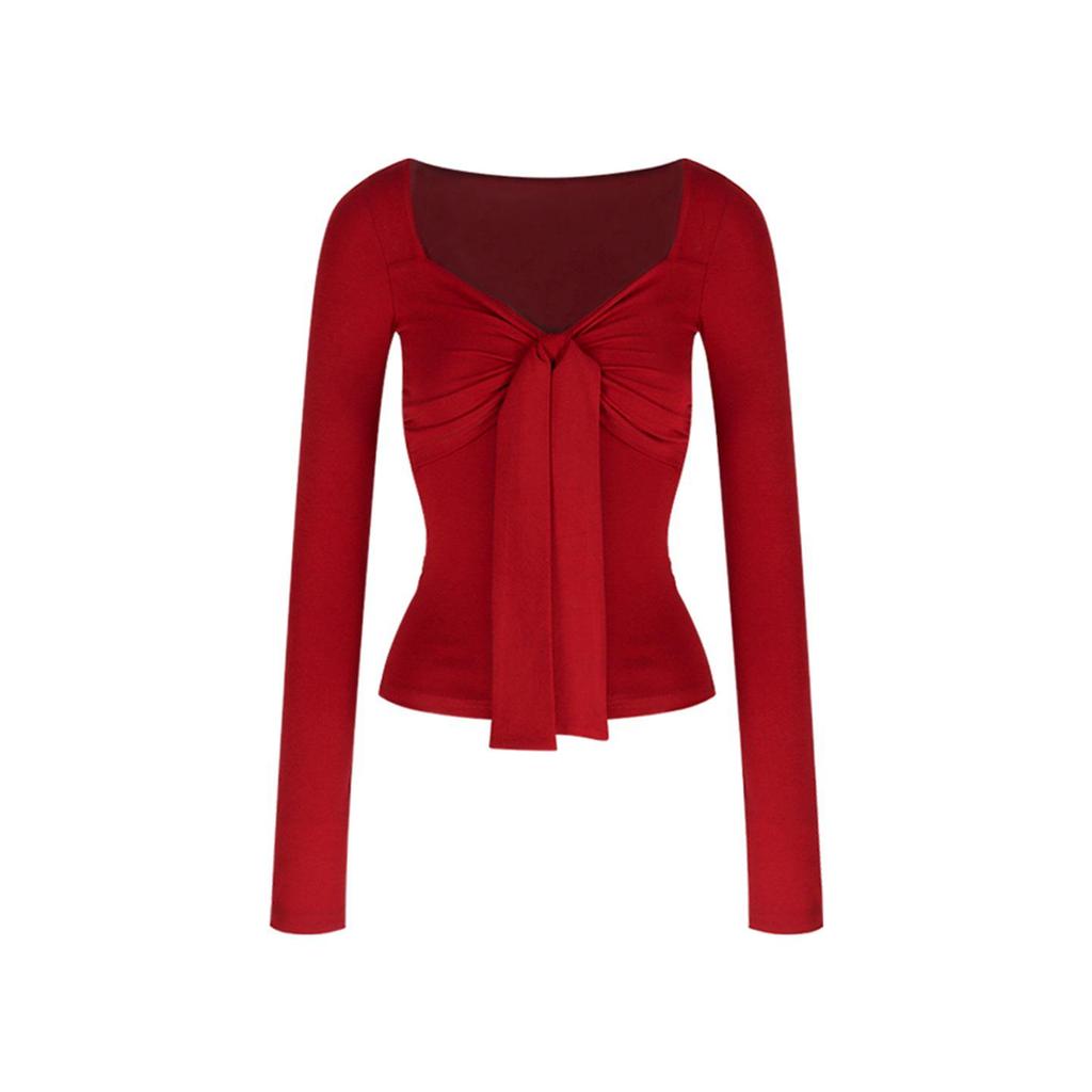 Women's Red Lace-up Bow Long-sleeve Square Neck Slim-fit Top for Autumn/Winter