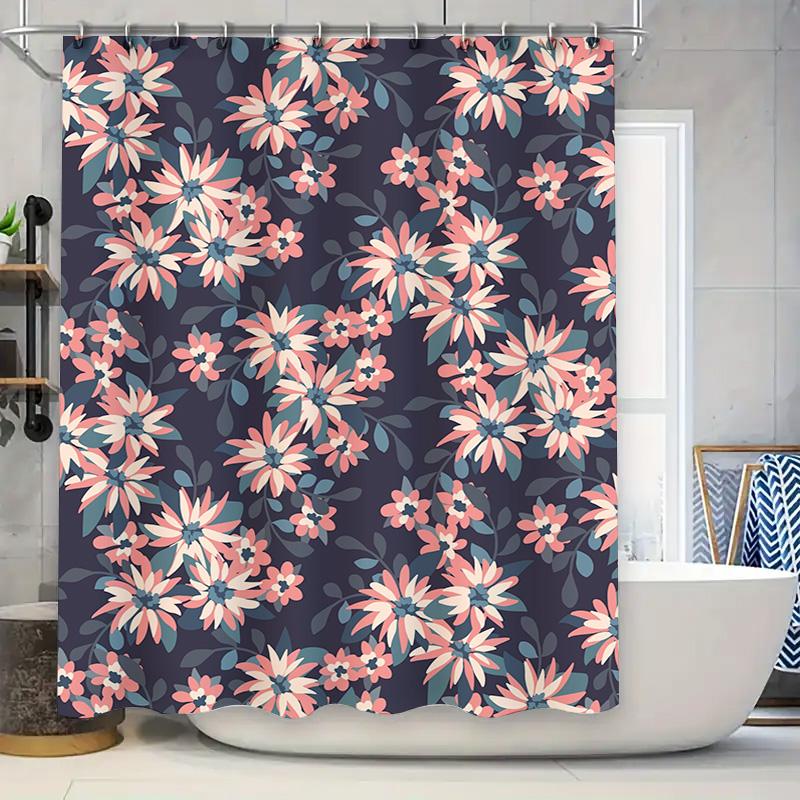 

Floral Print Shower Curtain Navy Pink White Bath Room Decor Window Waterproof Fabric Backdrop For Home Kitchen, Washroom Size 18 W60H190(CM)-1 Pcs