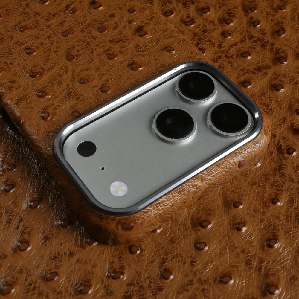 Genuine Ostrich Grain Leather Case for iPhone 17 Pro Max Air 16 Pro 15 14 13 Pro Premium Business Slim Metal Lens Cowhide Full Body Shockproof Cover