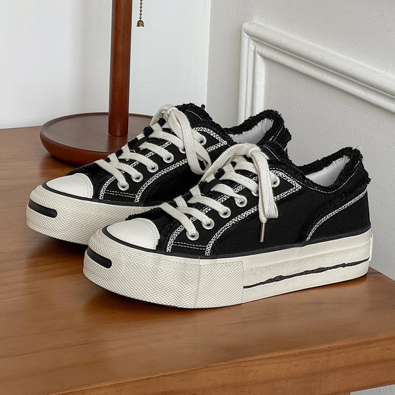 Men'S Vintage Canvas Shoes Arch Support Chunky Platform Height Increasing Black White Streetwear Outdoor Hiking Sneakers