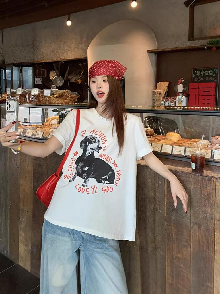 Plus Size Women's Casual Dog Print Loose T-shirt