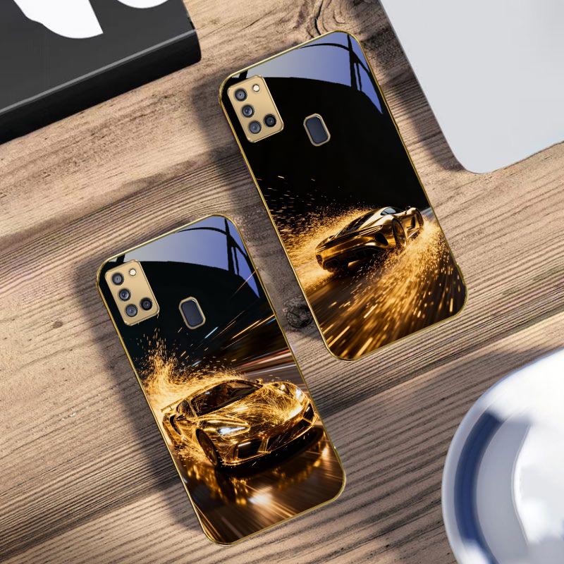 Flying golden supercar For Samsung A 31 32 A33 A34 35 14 A15 13 16 25 26 50 52 53 54 55 56 70 71 72 73 Golden glass phone case